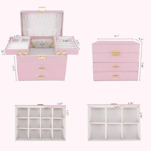 Miniatura 3 de Dajasan Cajas de joyería para mujeres y niñas, organizador de almacenamiento de joyas, 4 capas, caja organizadora de joyas grande con 2 cajones