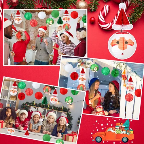 Miniatura 6 de Juego de 17 linternas de papel colgantes de Navidad 3D para Papá Noel, linterna de papel, sombrero de Papá Noel, árboles de Navidad, bolas de panal