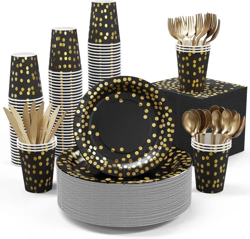 Miniatura 9 de Suministros de fiesta de oro blanco y rosa – Juego de vajilla desechable de 350 piezas – platos de papel blanco, servilletas, vasos, tenedores