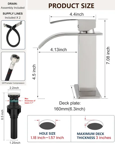 Miniatura 7 de Midanya - Grifo de baño con boquilla tipo cascada, de un agujero o tres agujeros para montaje en cubierta, grifo de lavabo de acero inoxidable 304