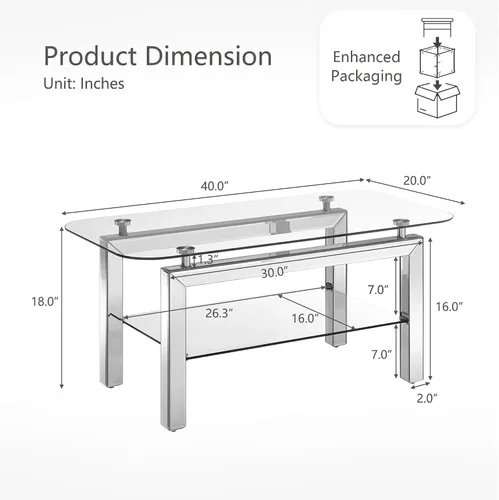 Miniatura 2 de Mesa auxiliar rectangular con parte superior de vidrio con patas de espejo plateadas para sala de estar, moderna y glamorosa mesa de vidrio templado