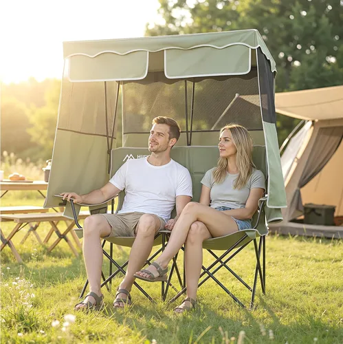 Miniatura 2 de Huskfirm Silla de Camping Doble con Toldo de Sombra Silla para 2 Personas Plegable con Toldo Silla de Playa Portátil Silla de Camping Resistente
