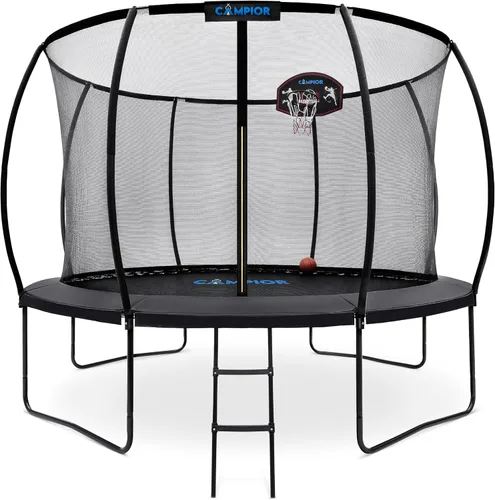Miniatura 7 de Trampolín de calabaza con aro de baloncesto y recinto interior, seguro, duradero, diversión familiar, resortes galvanizados resistentes, acolchado