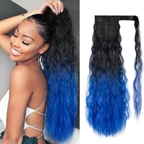 Miniatura 13 de rosmile Extensión de cola de caballo con ondas de maíz, alrededor de 26 pulgadas de largo, rizada, ondulada, extensión de cola de caballo sintética