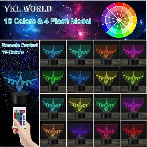 Miniatura 2 de Lámpara de ilusión de avión 3D con luz nocturna de avión con 7 colores cambiantes, control táctil con cable USB, LED, juguete de combate, lámparas