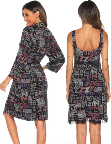 Miniatura 6 de ENJOYNIGHT Conjunto de bata sexy con cuello en V de 2 piezas para mujer, camisón de lencería con batas, conjunto de pijama de encaje