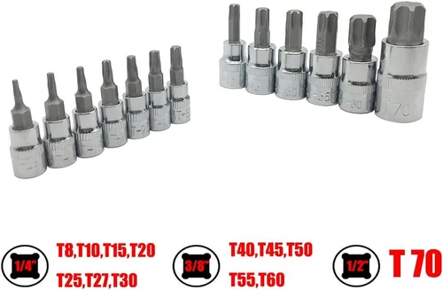Miniatura 4 de Mainpoint Star Torx - Juego de llaves de vaso (13 piezas, T8 - T70 CRV, 1/2", 3/8", 1/4")