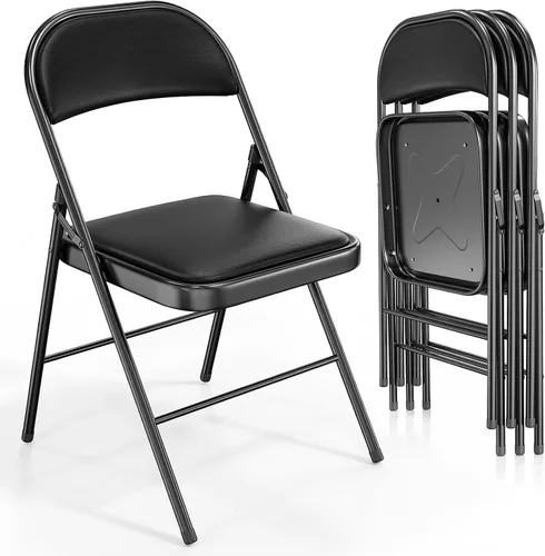 VINGLI Paquete de 4 sillas plegables con asientos acolchados, marco de metal con asiento y respaldo de piel sintética, capacidad de 350 libras, Negro