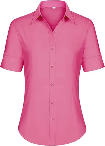 Miniatura 18 de siliteelon Camisas de vestir de manga corta con botones para mujer, camisas de algodón con botones para mujer, blusa ajustada de manga 3/4
