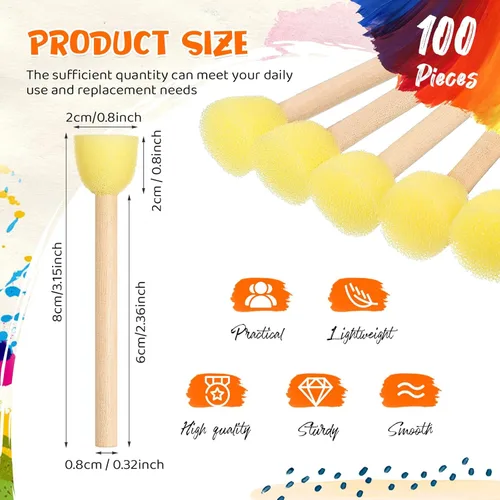 Miniatura 2 de Sabary Juego de 100 esponjas redondas de espuma, pinceles de esponja de pintura con mango de madera, juego de esponja para pintura, juego