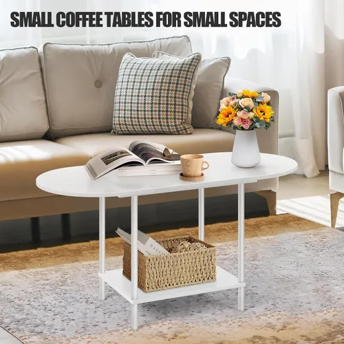 Miniatura 4 de Mesa de centro blanca para sala de estar, mesa central ovalada de mediados de siglo con estante de almacenamiento y superficie de madera, mesa de té