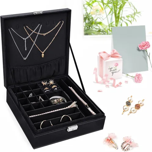 Miniatura 7 de MOSISO Joyero, organizador de almacenamiento de joyas, apilable, de doble capa, con bloqueo, para mujeres, collar, aretes, pulsera, anillo y broche