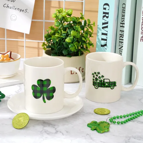Miniatura 3 de Whaline Juego de 2 tazas del Día de San Patricio de 12 onzas con diseño de trébol a cuadros de búfalo para café, tazas de cerámica irlandesa a