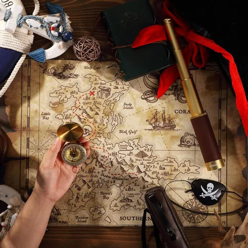 Miniatura 7 de Telescopio monocular pirata, mapa del tesoro, brújula, sombrero pirata, estampado de calavera, disfraz de capitán, 5 piezas de recuerdos de fiesta