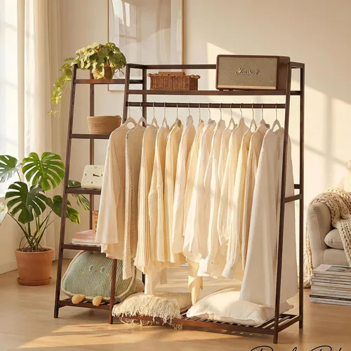 Baveke Perchero de bambú para ropa de 7 niveles, estante de almacenamiento para colgar ropa, organizador de armario portátil con estante superior,