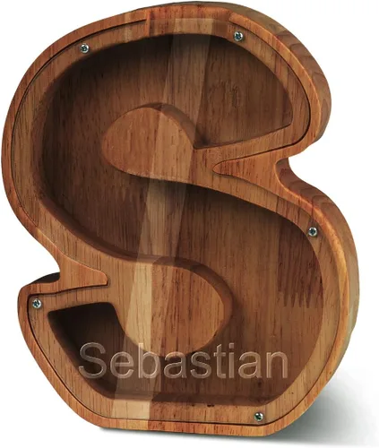 Miniatura 15 de Alcancía con nombre personalizado, 26 letras láser con texto personalizado, banco de monedas de madera, significado educativo, alcancía con nombre