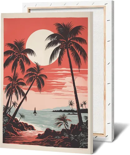 Miniatura 22 de Arte de pared vintage de paisaje marino retro, póster de playa con imagen de palmera, lienzo de árbol tropical, arte de pared, arte de océano