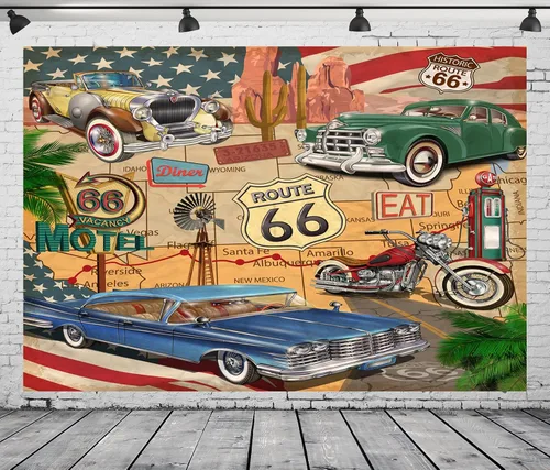 Miniatura 9 de BELECO Telón de fondo de tela de 7 x 5 pies con temática de Ruta 66 con temática de cómic, mapa de ruta retro, motel, motocicleta, autos clásicos