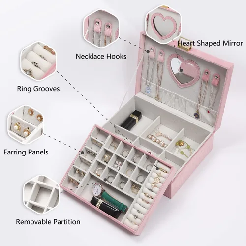 Miniatura 5 de Dajasan Cajas de joyería para mujeres y niñas, caja organizadora de joyas, organizador de joyas de terciopelo grande de 2 capas para anillos