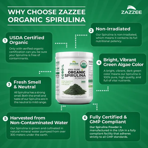Miniatura 6 de Zazzee USDA - Polvo de espirulina orgánica de 2.2 libras (2.2 lbs), 303 porciones, 100% puro y no irradiado, vegano, totalmente natural y sin OMG