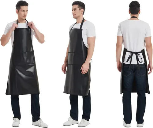 Miniatura 5 de Delantal impermeable, delantal de trabajo resistente, delantal de cuero artificial, ideal para chef, carnicero, peluquero, limpieza Negro