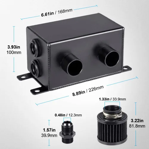 Miniatura 6 de JDMON AN8 1.2L tanque de retención de aceite de motor de doble filtro, tanque grande de depósito de aceite de doble respiradero doble, color negro