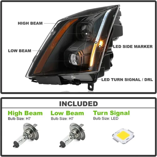 Miniatura 2 de ACANII - Para [Modelo Halógeno] 2008-2014 Cadillac CTS Conjunto de Faros Delanteros LED de Tubo Proyector Switchback con Carcasa Negra