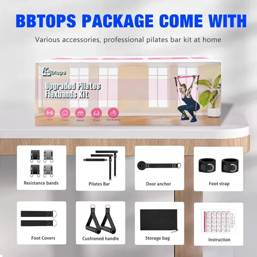 Miniatura 8 de Kit de barra de pilates Bbtops con bandas de resistencia, barra de pilates con bandas apilables, equipo de entrenamiento para piernas, cadera, Negro