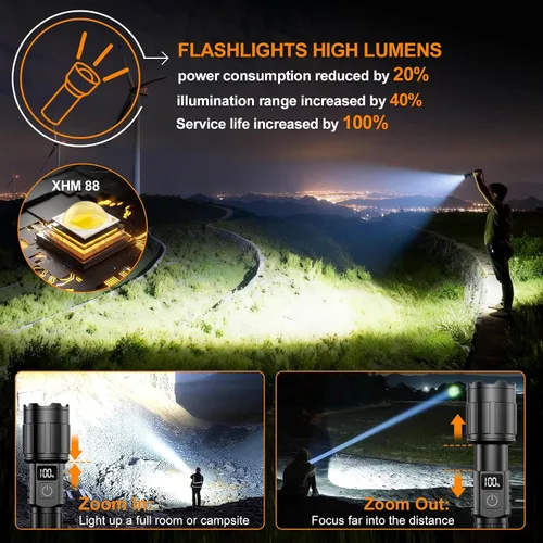 Miniatura 2 de Relybo Linterna LED recargable de 20000 lúmenes altos, largo alcance y tiempo de funcionamiento de 12 horas Linternas súper brillantes USB C