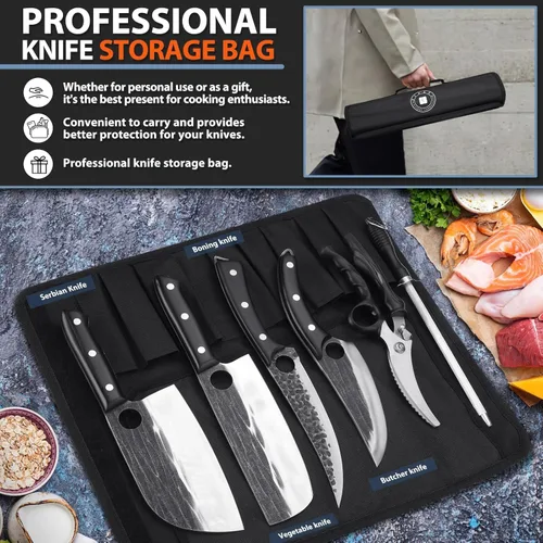 Miniatura 3 de TIVOLI Juego de cuchillos de carnicero profesional para procesamiento de carne, 7 piezas de acero de alto carbono forjado a mano