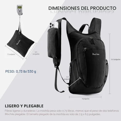 Miniatura 6 de Uselike 10L Mochila pequeña de senderismo para viajes, mochila de día plegable, ligera y compacta para mujeres y hombres, Negro, Pequeño, Compacto