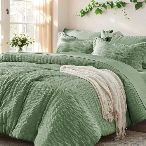 Miniatura 14 de Zzlpp Juego de edredón King de 7 piezas, ropa de cama de seersucker naranja quemado en una bolsa con sábanas, juegos de ropa de cama ligeros con 1