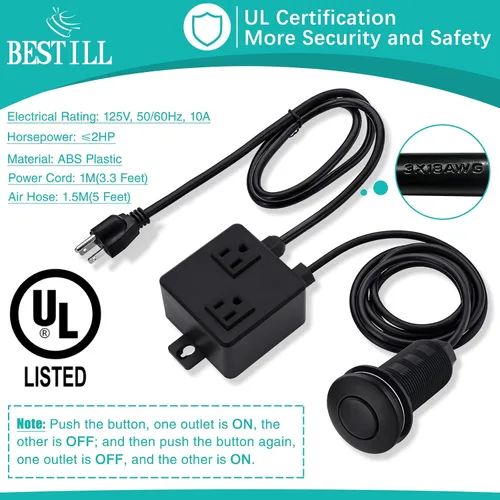 Miniatura 4 de BESTILL Kit de interruptor de aire superior para eliminación de basura, botón negro mate de 3.6 pulgadas de largo con cubierta de latón, módulo