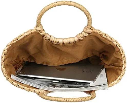 Miniatura 6 de Bolso Hobo grande de paja tejida a mano para mujer, con asa redonda, anillo Toto Retro Summer Beach Straw Bag
