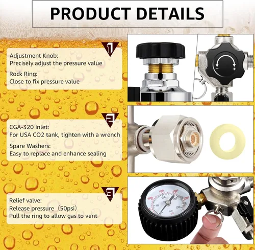 Miniatura 3 de MRbrew Regulador de CO2 de barril de doble salida, regulador de barril CGA-320, regulador de cerveza de barril, montaje de extremo roscado
