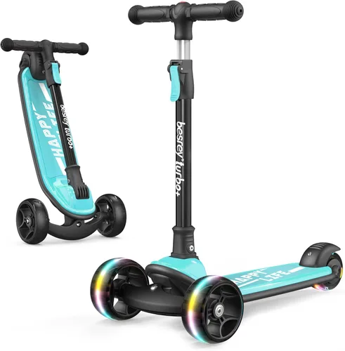 Miniatura 14 de Besrey - Patinete para niños de 3 a 10 años, patinete plegable de 3 ruedas con altura ajustable, ruedas con luz LED, plataforma extra ancha
