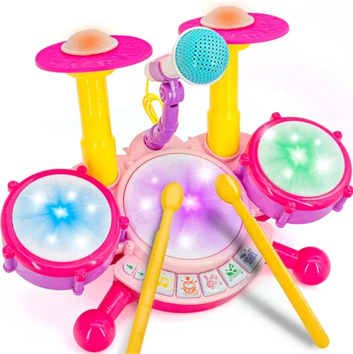 Miniatura 7 de Juego de batería para niños pequeños, instrumentos musicales para niños, juguetes para regalos de cumpleaños de niños, kit de batería eléctrica