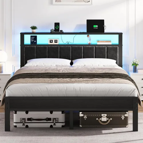 Miniatura 8 de OLEVS Base de cama King con estación de carga y luces LED, cama de plataforma moderna con cabecera de almacenamiento tapizada, no necesita somier