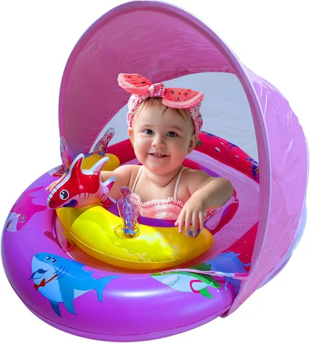 Flotador de piscina para bebé con toldo UPF50+ y consola de juego de juguete oceánico, asiento de seguridad ajustable, flotador de natación para Rosa