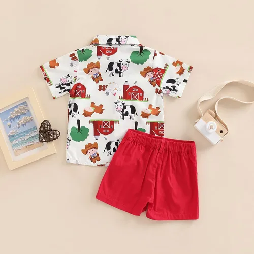 Miniatura 4 de Chloefairy Conjunto de 2 piezas de ropa de verano con estampado de vaca de manga corta con botones y pantalones cortos