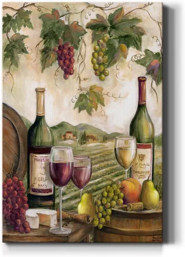 Renditions Gallery Arte de pared de viñedo, decoración de vino rojo y blanco, queso y uvas, arte escénico para cocina o comedor, lienzo de alta