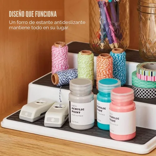 Miniatura 3 de Copco Organizador de especias de 3 niveles para armario o despensa, estante escalonado antideslizante de 10 pulgadas, diseño blanco/gris que