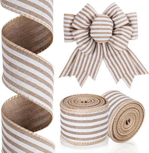 Whaline Cinta de 20 yardas con borde con alambre, color blanco y natural, cinta de tela para manualidades, envoltura de regalos, corona, arreglo
