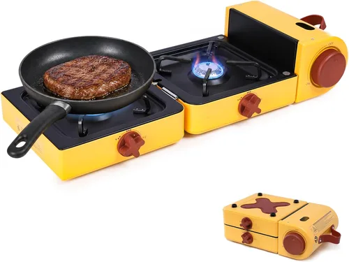 Estufa de propano para campamento, 2 quemadores, 16,000 BTU resistente al viento, plegable, portátil, para cocinar a gas con quemadores ajustables