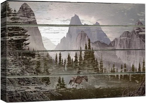 wall26 - Paisaje rústico de montaña sobre un fondo de madera - Arte en lienzo para el hogar - 12 x 18 pulgadas