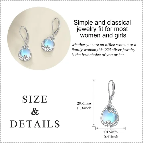 Miniatura 215 de Aretes colgantes con forma de lágrima de filigrana de piedra lunar de plata de ley 925 con cierre de palanca para mujer, regalos de joyería
