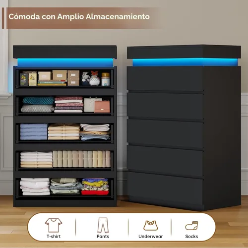 Miniatura 4 de HAUOMS Cómoda alta de 5 cajones con luz LED, cómoda moderna negra para dormitorio, cómodas de armario con cajones para sala de estar, entrada