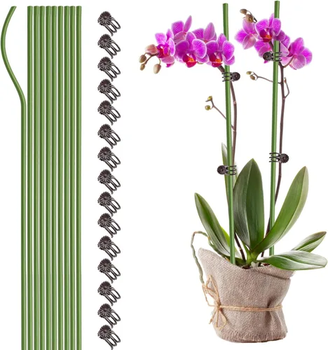 Juego de 10 estacas de metal para plantas de jardín con 15 clips de fijación de vid, estacas de flores de un solo tallo de 15.75 pulgadas de alto,
