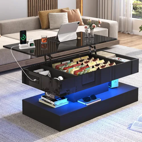 39.4" Mesa de café grande con tapa elevable, modernas mesas de café LED de alto brillo para sala de estar con almacenamiento, mesas de salón negras