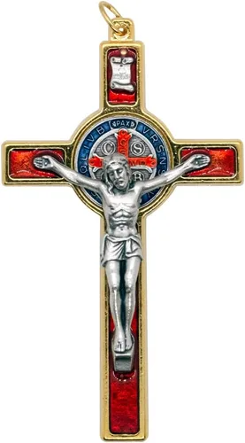 Miniatura 3 de Colgante de crucifijo de San Benito, base dorada con detalles de esmalte de colores, 3.25 pulgadas de alto, patrón de los estudiantes, gran regalo